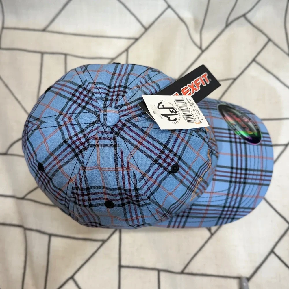 Justin Boots Baseball Cap S/M Blue‎ Plaid Flexfit M&F Western Hat 1598013-S/M